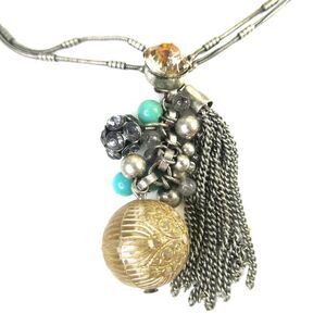 LOFT Silver Tone Dangle Charm Pendant Rhinestone Multi Two Strand Necklace 32"